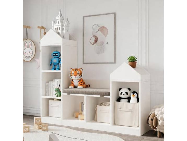 Kinderregal Hausform mit Sitzbank, 6 Fächer Spielzeugregal, Weiß Gepolstertes Sitzkissen, Kippschutz, Robustes MDF, Abnehmbarer Bezug, Viel Stauraum, Sicher, Pflegeleicht, Stabil, Modern
