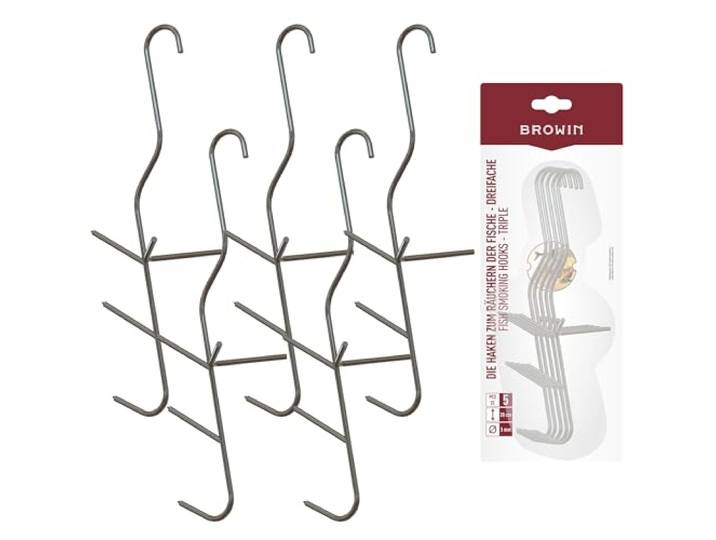 BROWIN® Drievoudige rookhaken voor vis, 5-delige set, duurzame roestvrijstalen haken voor perfecte rookresultaten, accessoires voor professionele en hobbyrokers, 5 stuks