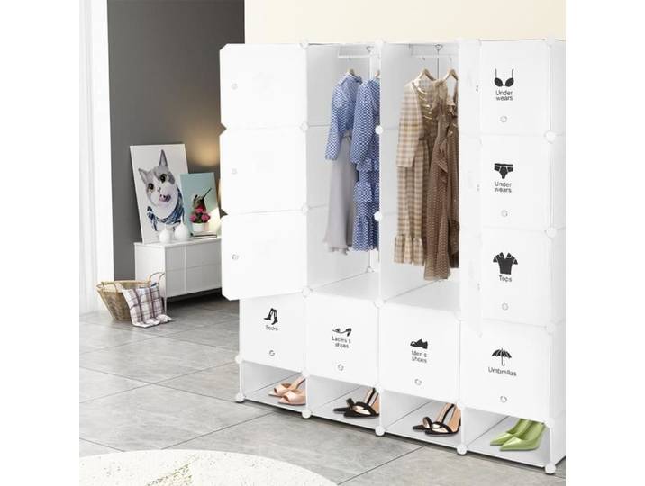 Armoire de chambre modulable YIPEEMA - HOMEWELL - Blanc - 147x36x165cm - 16 Cubes + 4 Étagères