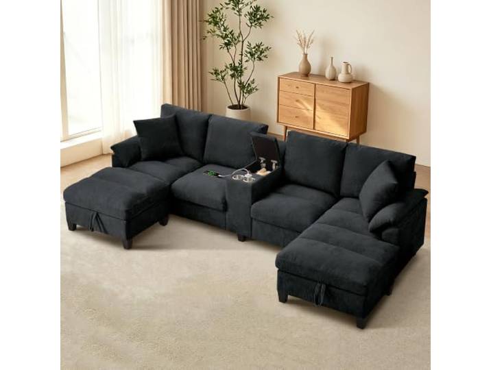 116 U Form Modulares Wohnlandschaft Ecksofa, Modulares Sofa 4-Sitzer U-förmiges Ecksofa mit 2 USB-Anschlüssen, Sofa und Couch mit 2 Getränkehaltern, 2 Stauraum Ottomane, Schwarz