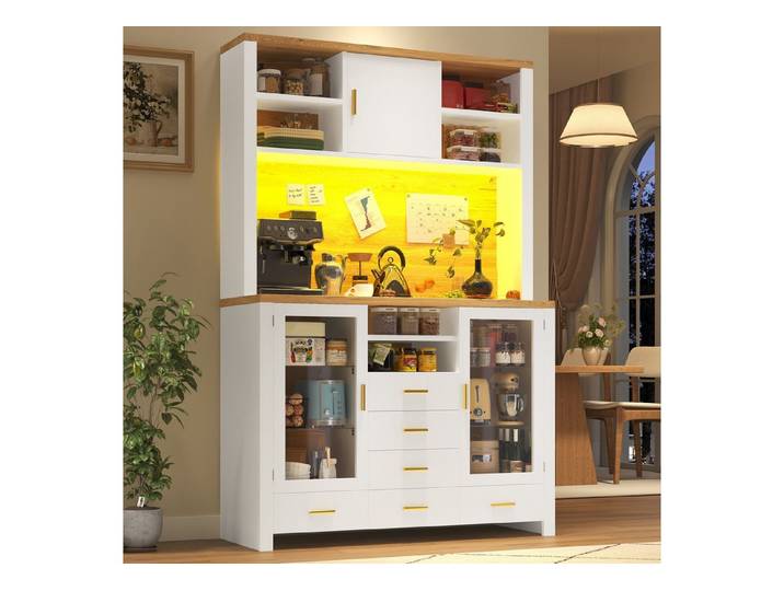 TavilaEcon Küchenbuffet Multifunktions-Küchenschrank mit LED-Lichtleiste, 6 Schubladen (1-St) mit 3 Türen, Weiß mit Holzoptik
