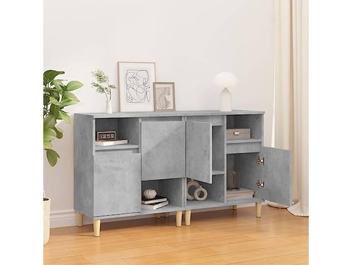 KTHLBRH Sideboards 2 Stück grau Beton 60 x 35 x 70 cm Holz mehrschichtig 4 Fächer und 2 Türen, Eukalyptus-Füße, Ausstellungsplatte, inkl. Wandbefestigung