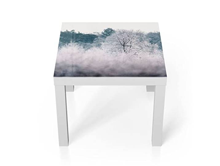 DEQORI Glastisch weiß klein 55x55 cm Motiv Eisiger Morgen im Wald ausgefallener Beistelltisch aus Glas Hochglanz Couchtisch fürs Wohnzimmer moderner Couch Tisch mit Design