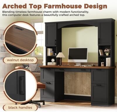 Arched Computer Desk with Charging Station and Storage for Home Office Organization