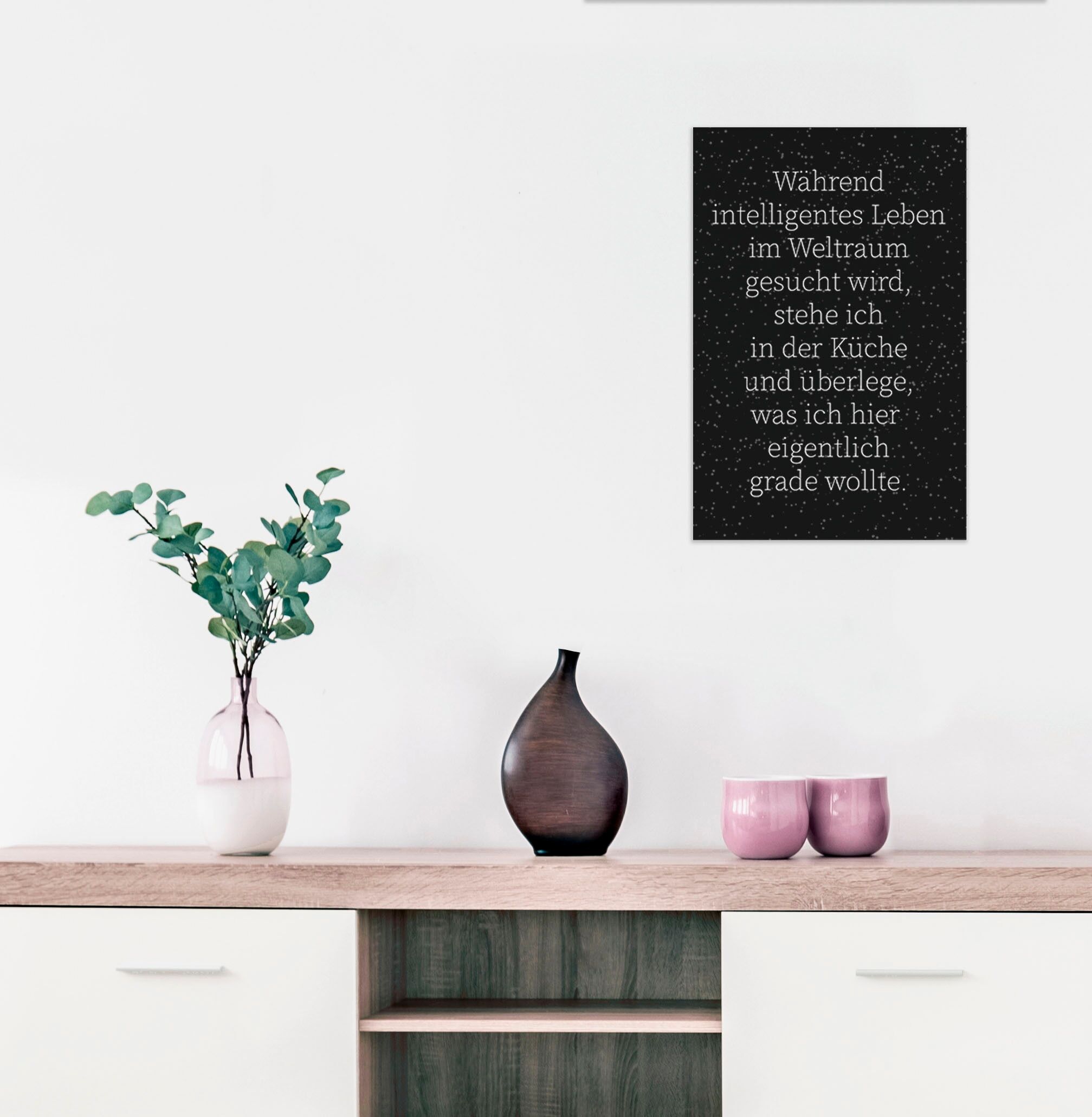 Wanddekoobjekt QUEENCE "Weltraum und Küche", schwarz (schwarz, weiß), B:20cm H:30cm T:0,1cm, Stahl, Wanddekoobjekte, Wanddekoobjekt, Stahlschild, Blechschild, Spruch, Witzig, Wanddeko, retro, 20x30cm schwarz, weiß B/H/T: 20cm x 30cm x 0,1cm, Schriftzug Sp
