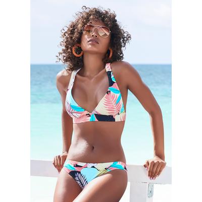 Triangel-Bikini-Top LASCANA ACTIVE "Layne", Damen, Gr. 34, Cup C/D, bunt (türkis, gelb, bedruckt), Recycling-Polyamid, bedruckt, kontrastfarbene Details, Bikini-Oberteile, mit Racerback
