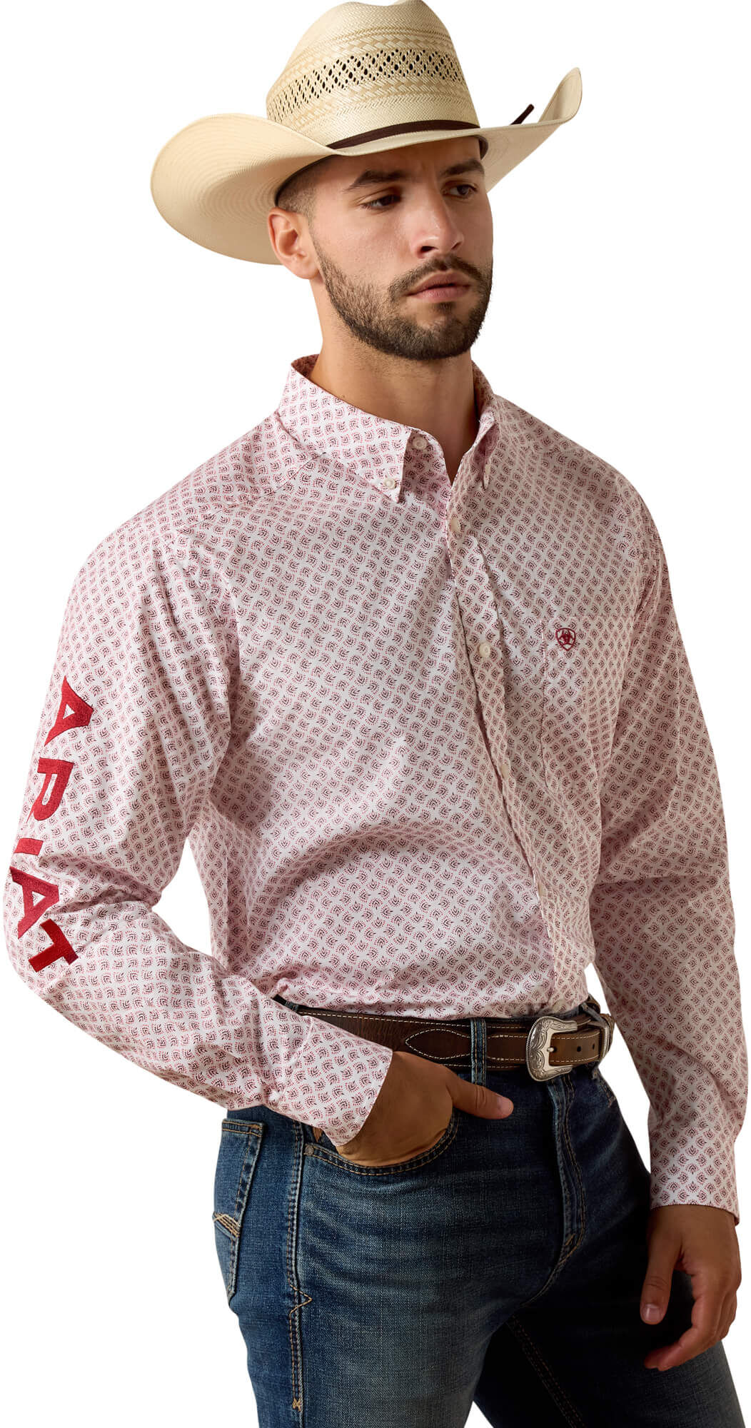 Men's Team Donovan Fitted Shirt in White Feather Print Red, Size: Medium by Ariat