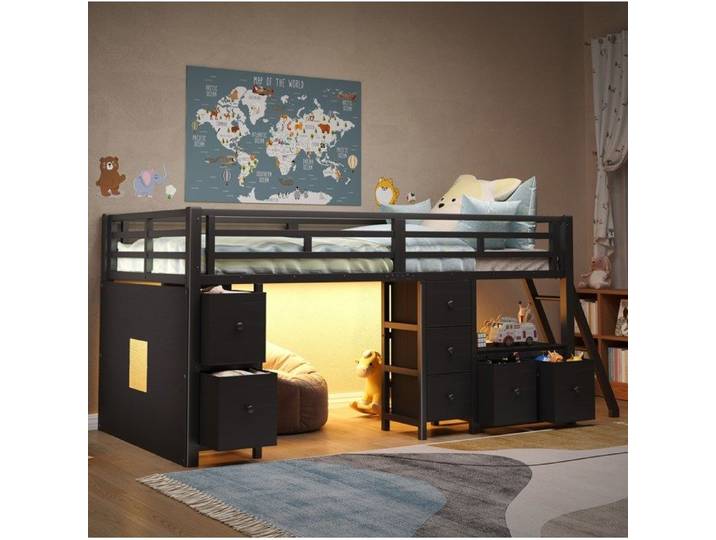 Lit Mezzanine Mi-Haut Enfant 90 × 200 cm avec 7 Tiroirs LED et Bibliotheque Sans Matelas Noir - UVRION