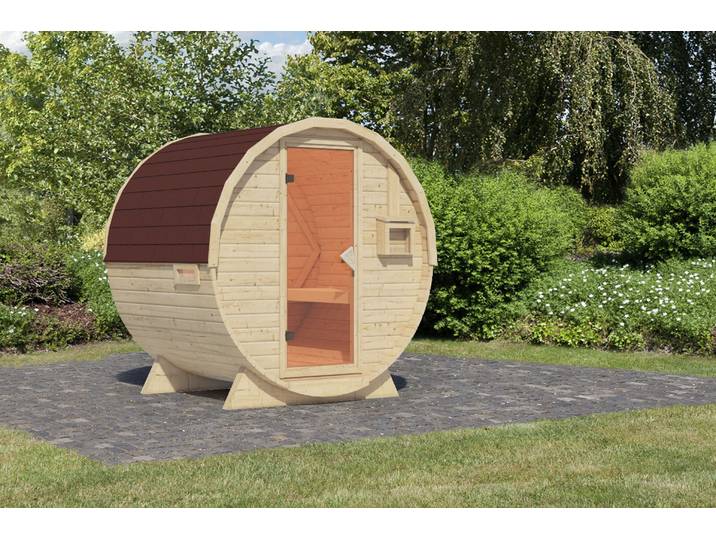 Fasssauna KARIBU naturbelassen mit Schindeln rot , beige (naturbelassen), ohne Ofen, (ohne Ofen), Saunen, Fasssauna, aus hochwertiger nordischer Fichte