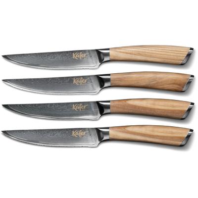 Steakbesteck KÄFER, grau (edelstahl), 4 Stk., Klingenstahl, Massivholz, Essbesteck-Sets, Olivenholzgriff, 67-lagiger Damaszenerstahl, Klingenlänge 12 cm