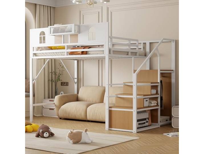 Ball & Cast Loft Bed (140x200cm) mit Aufbewahrungsleiter und Einfachem Kleiderschrank, Metal Hochbett mit Erhöhte Umzäunung, Stabil & Rauschlos, Weiß