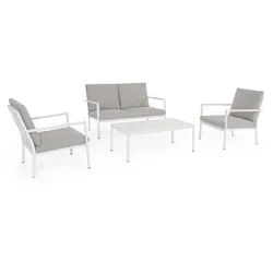Garten-Set Konnor Aluminium, modern und wetterfest mit abnehmbaren Kissen, weiß-grau, 4-teilig