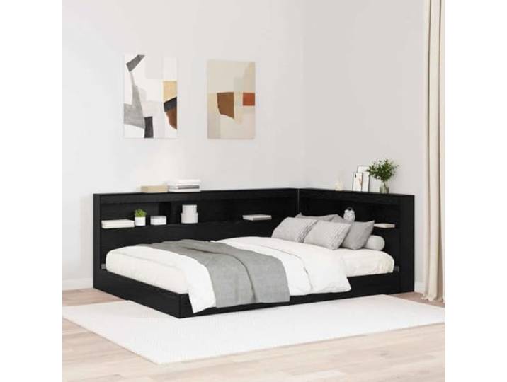 L-formschönes Ablagefach Kopfteil für Schlafzimmer aus Ingenieurholz, Ablage über Bett mit Stauraum und Laden, Eiche schwarz 135 cm