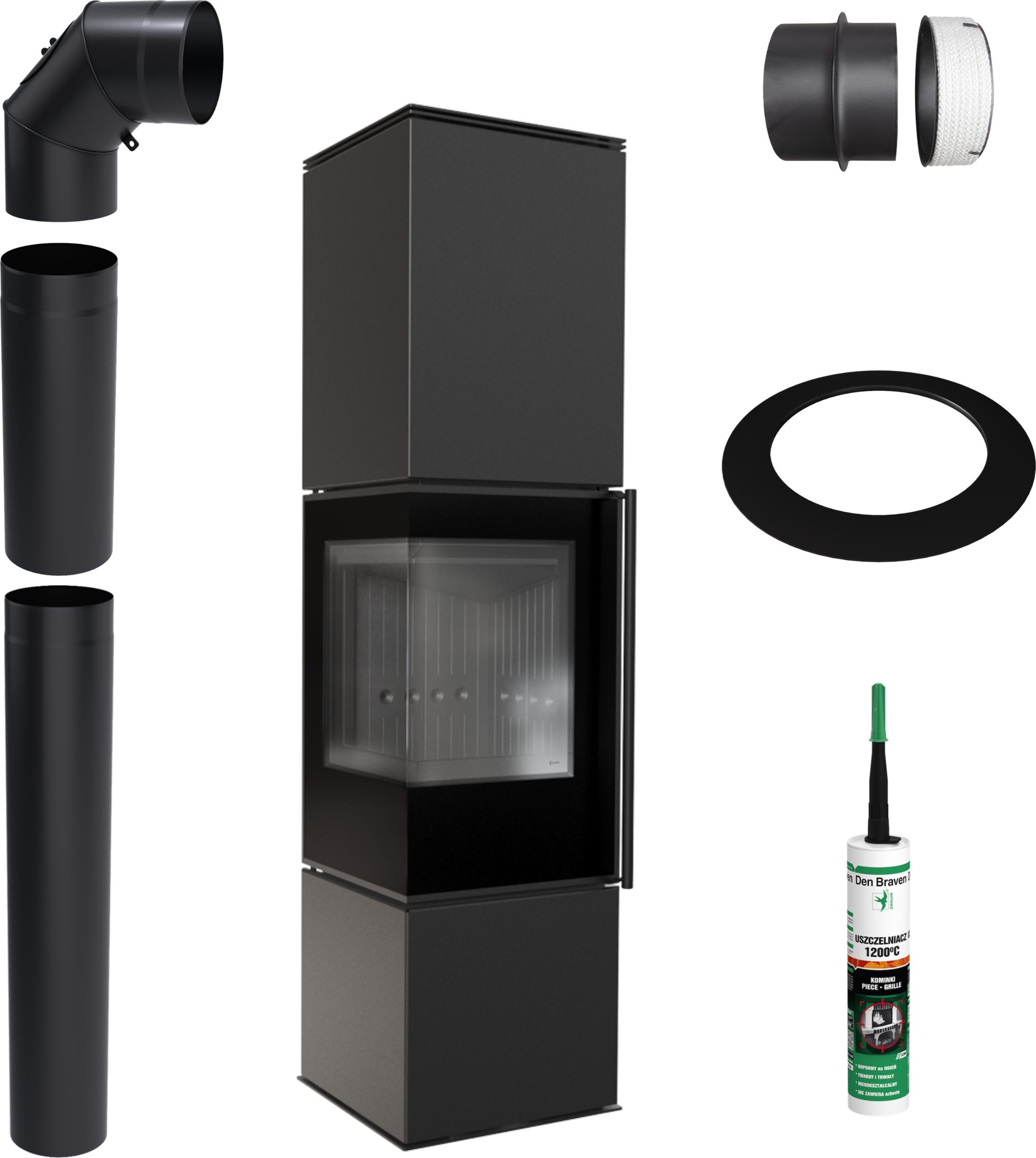 Freistehender Ofen KRATKI REN SCHWARZ L Links 7 kW Ø150 Montageset