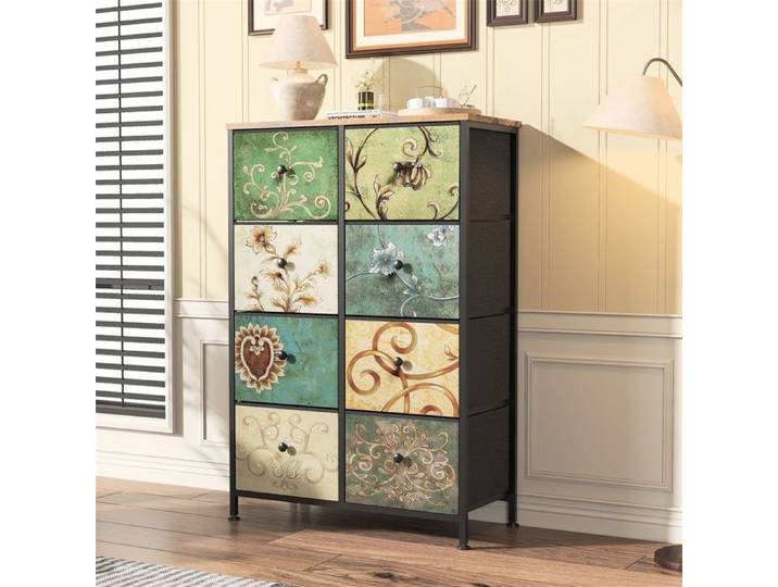 Commode chiffonnier rétro à 8 tiroirs multicolores - Buffet armoire de rangement design patchwork asymétrique artistique
