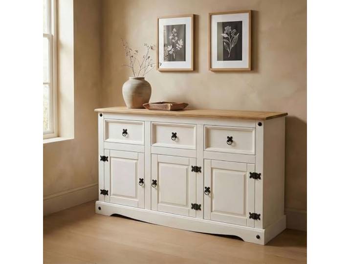 CARO-Möbel Sideboard Campo im Mexiko Stil Kommode Kiefer massiv weiß mit 3 Schubladen und 3 Türen Buffetschrank Geschirrschrank