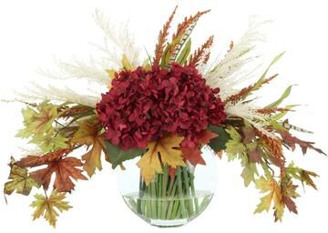 Creative Labs Fall Leaves and Hydrangea Arrangement in Glass Vase