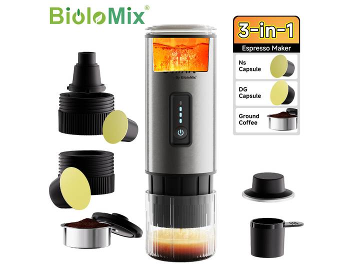 BioloMix-Machine à café portable, machine à expresso de voyage 3 en 1 pour Nespresso, dosettes Dolce et café en poudre, USB, 12 V