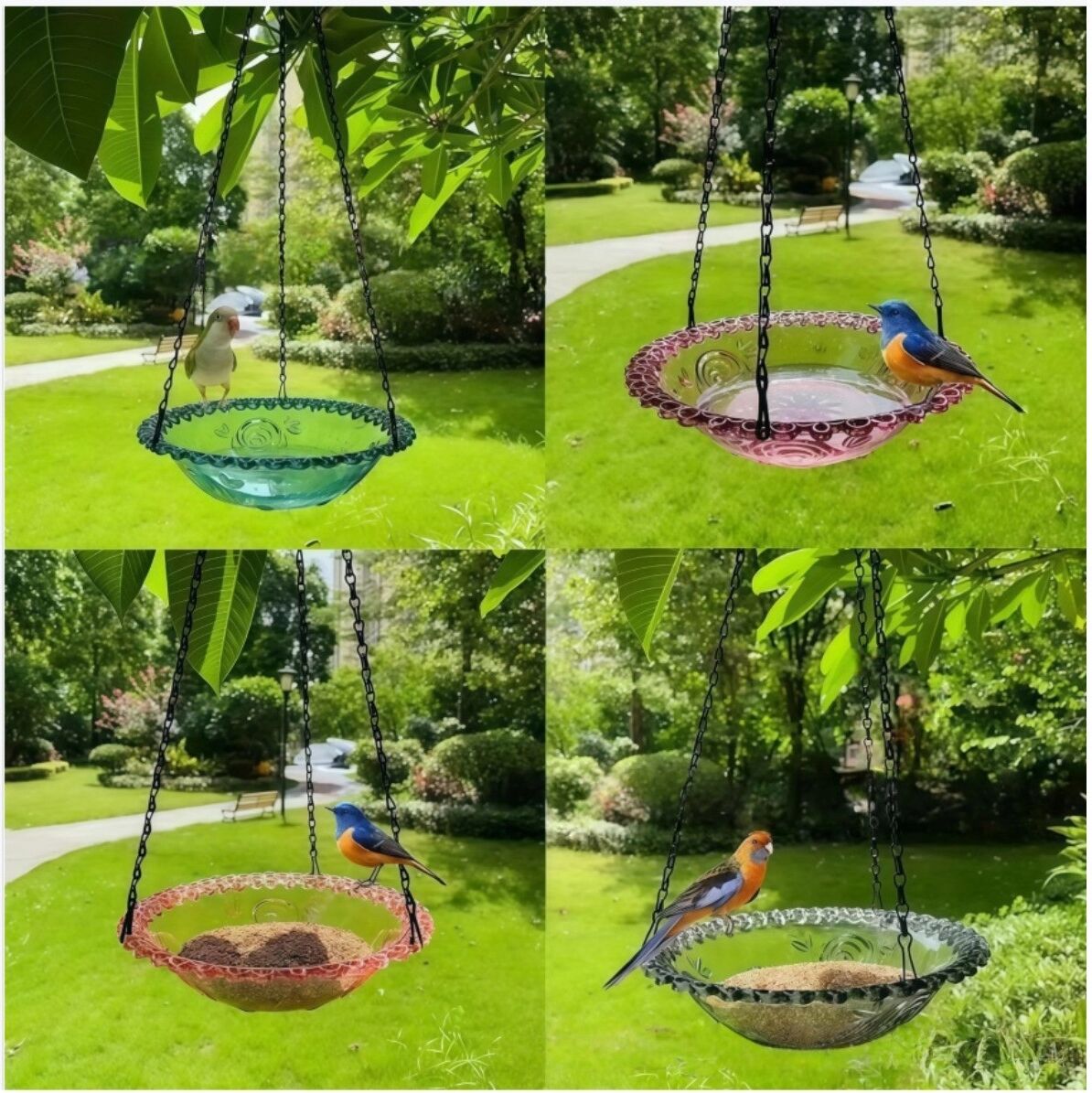 INF Doppellagiges hängendes Vogelbad und Futterstation, rosa Kunststoff mit Metallkette — 2-stufiges Hänge-Vogelbad für