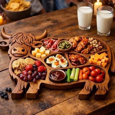 Holzbrett mit Hochlandrind-Motiv, rustikale Servierplatte im Landhausstil, Partyplatte mit Kuhmotiv für Snacks, Obst, Fleisch und Käse – ideal für Zuhause.