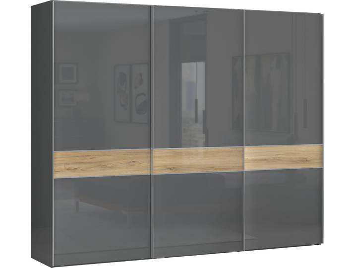 Kleiderschrank OTTO HOME Onyx, Schwebetürenschrank inklusive Innenleben, FSC-zertifiziert , grau (anthrazit, walnussfarben), B:272cm H:224cm T:61cm, Holzwerkstoff, Schränke, Kleiderschrank, UV lackiert, hochglänzend anthrazit, mit Soft-Close Funktion
