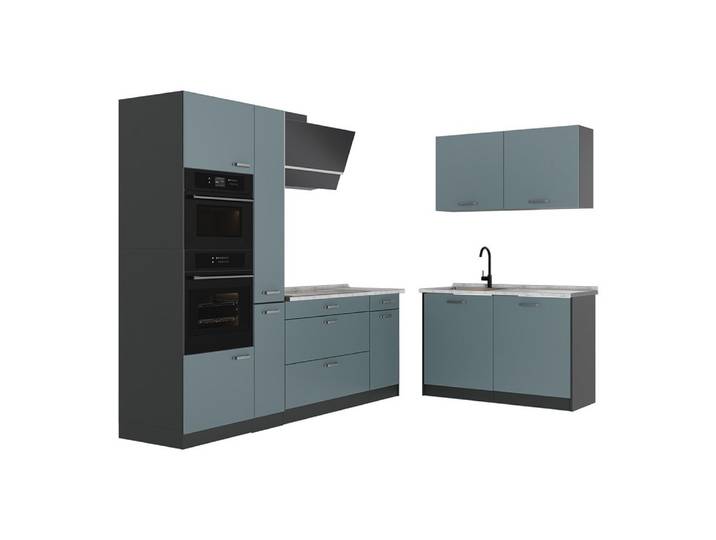 Vicco Winkelküche R-Line, Blau-Grau/Anthrazit, 230 x 120 cm Arbeitsplatte Marmor