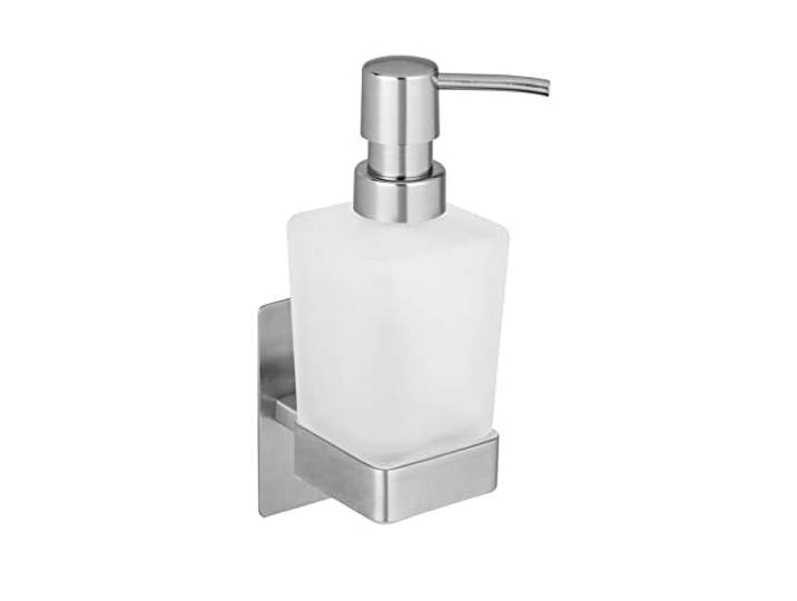 WENKO Seifenspender Mod. Genova für 200 ml Flüssigseife zum Befestigen ohne Bohren Halter aus Edelstahl Glas matt Maße 6,2 x 19,7 x 9 cm