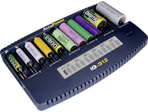 AccuPower IQ312 Rundzellen-Ladegerät NiCd, NiMH, LiIon 10340, 10350, 10440, 10500, 12500, 12650, 13500, 13650, 14500, 14650