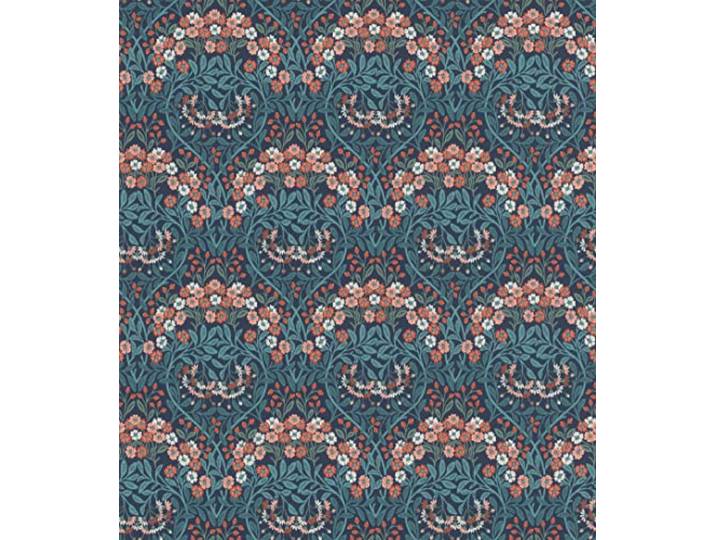 Rasch Tapete 710021 - Dunkelblaue Vliestapete mit Blättern in Hellblau und Blumen in Orange-Rot und Weiß aus der Kollektion Sophia - 10,05m x 0,53m (LxB)