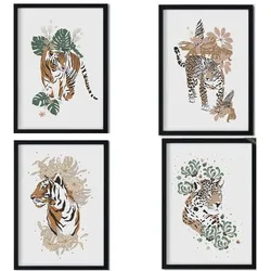 POSTER Set mit 4 tiere Tiger Leopard Tiere, Blumen und Pflanzen des Dschungels A3 Rahmenlos