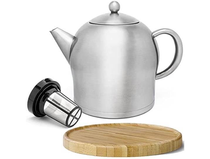 Bredemeijer große matte doppelwandige Edelstahl Teekanne 2.0 Liter & brauner Untersetzer aus Holz & Edelstahl Tee-Filter-Sieb-Aufsatz für losen Tee oder Teebeutel