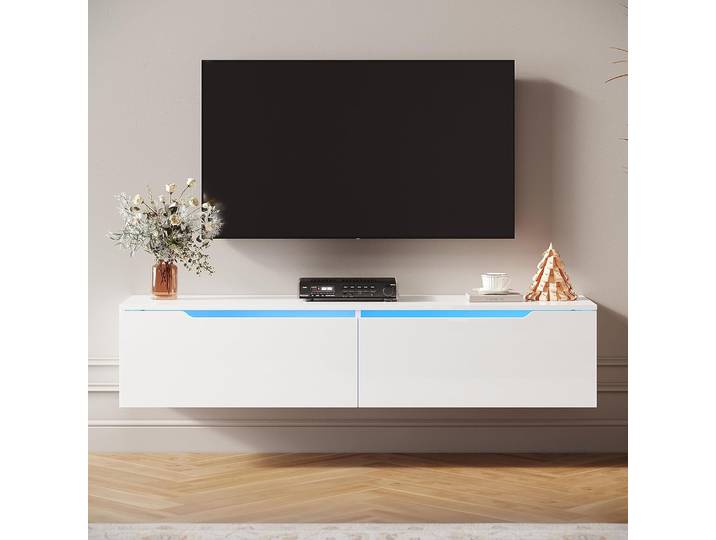 SIRHONA Meuble TV éclairage LED 16 couleurs réglables, plateau TV brillant, Blanc / 180x35x30cm