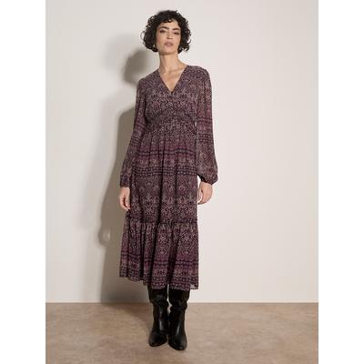 Midikleid APRICOT "Chiffonkleid mit Rüschen", Damen, Gr. 8, lila, gewebt, , Modisch, normal, V-Ausschnitt, Elastische Bündchen, Kleider Midikleid, mit Smokdetails