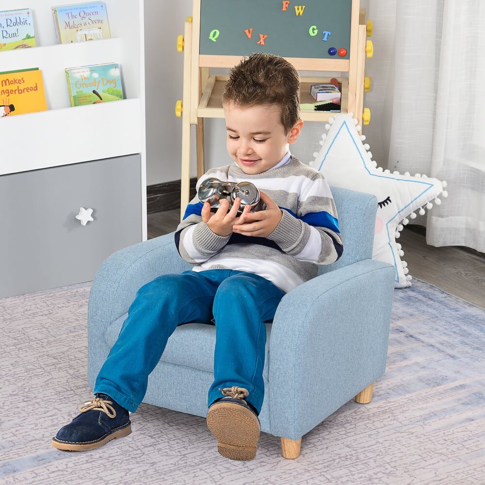 Homcom Fauteuil scandinave enfant grand confort accoudoirs assise lin bleu Bleu 49x44x45cm