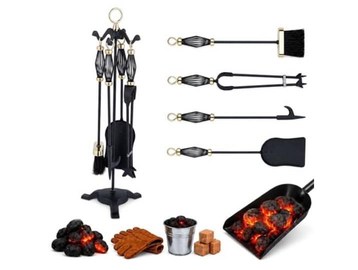Relaxdays 5 pièces pour la cheminée\, Pelle\, Balai\, Pince & serviteur\, Fer\, Accessoires poêle à Bois\, Noir - doré