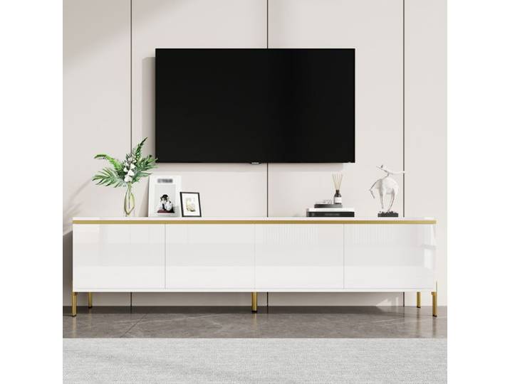 Meuble TV Blanc 170x38x50 cm Rangement 4 Portes avec Pieds Métal Doré Meuble Bas Moderne pour Salon - Laqué Blanc Brillant et Or