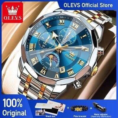 Uplifted Finds Olevs 3675 Mens Multifunction Chronograph Quartz Watch Moon Phase Design silver black