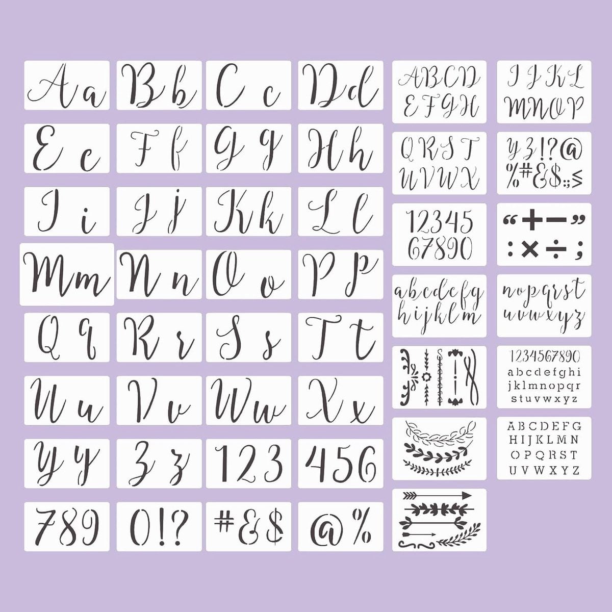 Set van 45 herbruikbare schablonen met alfabet, cijfers en symbolen voor schilderen en creatieve DIY-projecten