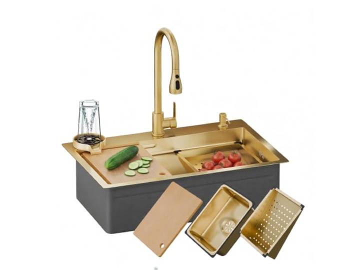 SEVANTE Küchenspüle aus Edelstahl - Spülbecken Küche - Gold 75x46x60 cm Spüle Küche, Ausgussbecken Edelstahl, Spüle mit Armatur Set, Glasreinigung