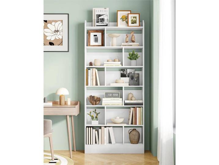 Bibliothèque Étagère à 7 Niveaux Meuble de Rangement Livres Cloison Séparateur Présentoir pour Salon Chambre Bureau Blanc