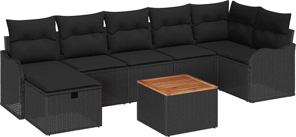 Modulares Gartensofa-Set, 8-teilig mit Stauraumfunktion, Poly-Rattan & Akazienholz, UV-beständig, Schwarz, 7 Sitzplätze