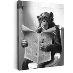 LEINWANDBILD Affe - WC - Zeitung - Schwarz-Weiß - Humor Wandbild Wohnzimmer 60x80 cm