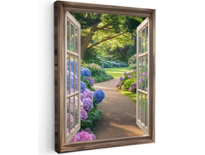 MuchoWow Leinwandbild - Aussicht - Garten - Fenster - Hortensie - Blumen - 60x80 - Gemälde, Pastellblau, Textil, Kiefer, Abstrakt, Rechteckig, 60x80 cm, gerahmt, Bilder & Rahmen, Bilder, Wandbilder