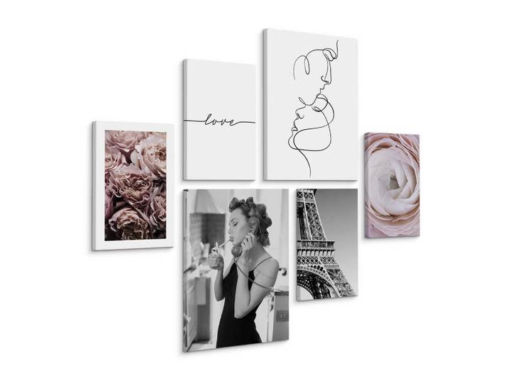 Muralo Leinwandbilder 6-er Set Blumen Paris, Schwarz, Weiß, Rosa, Beige, Grau, Sprichwort/Zitat, Floral, Person/Charakter, Stadtarchitektur, Rechteckig, 90x80 cm, Bilder & Rahmen, Bilder