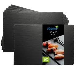 eGenuss Schieferplatten 6er-Set – Servierplatten aus Naturschiefer, schwarze Dessertteller & Sushi-Teller Gastronomie Catering – rechteckig 30x20 cm
