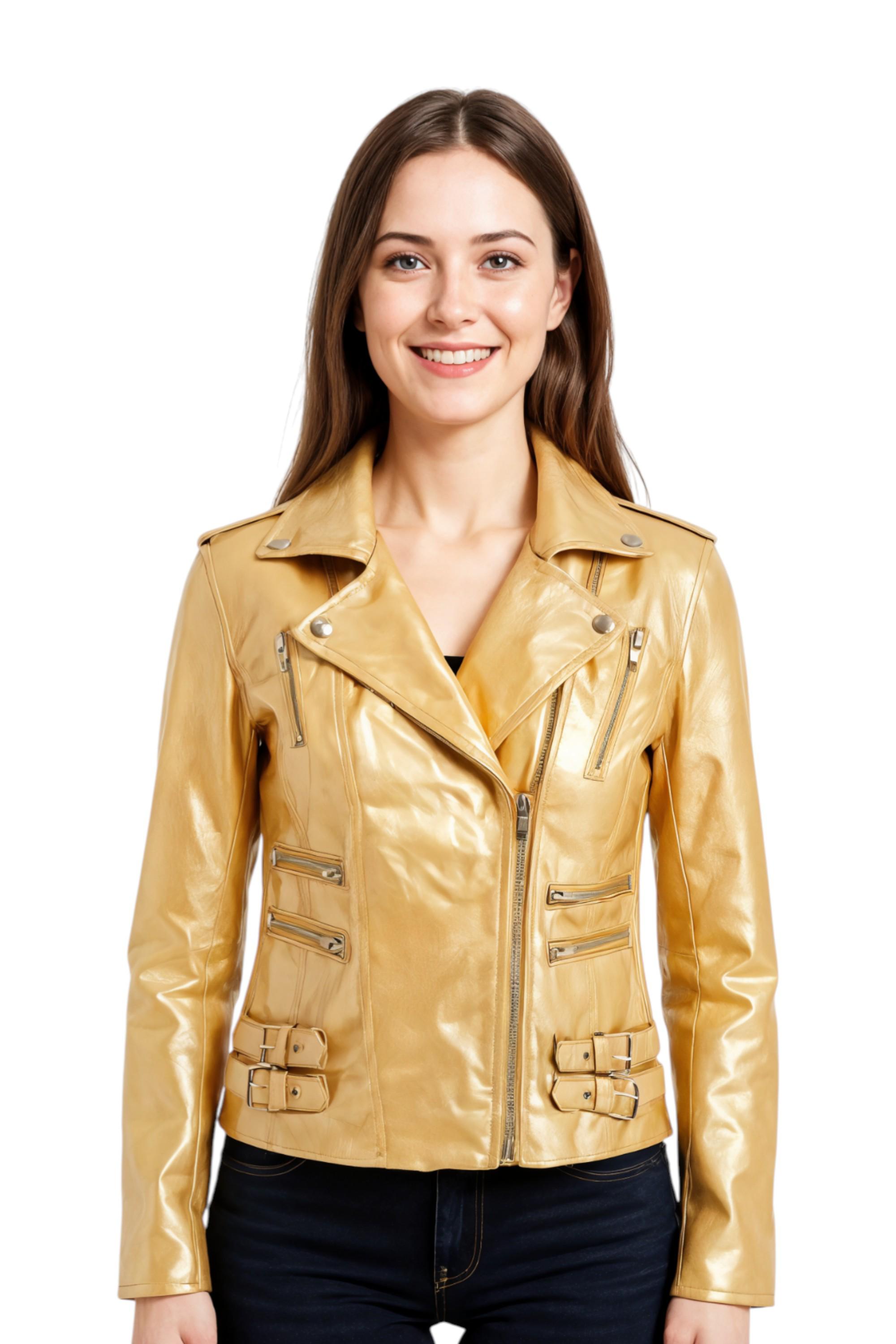 Damen Leder Gold Brando Bikerjacke-Constantia