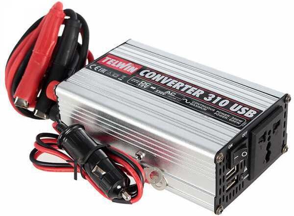 Telwin Converter 310 - Stromkonverter Inverter USB von 12V DC bis zu 230V AC - 2 USB-Anschlüsse - 300w