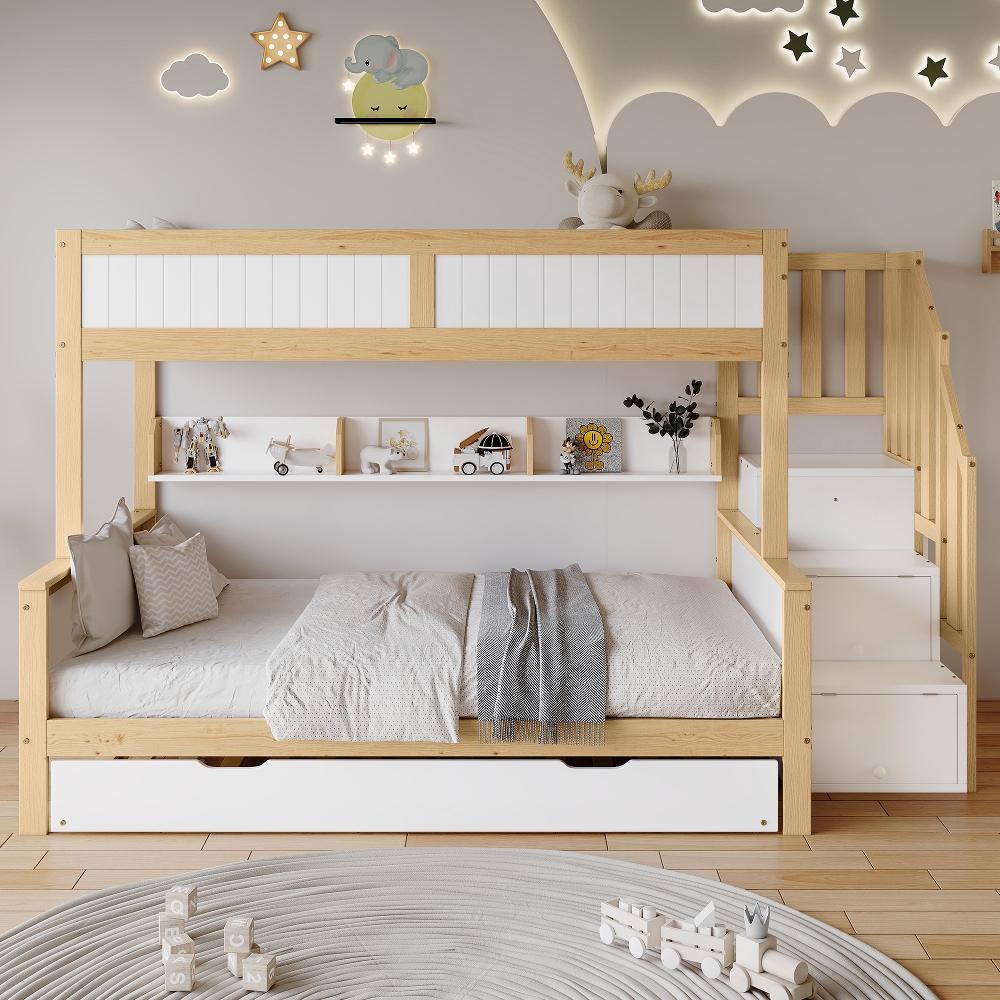 Etagenbett 90x200cm und 120x200cm aus Kiefer und MDF mit Rollbett 90x190cm, Kleiderschrank und Stauraumtreppe in Weiß Natur für Kinderzimmer