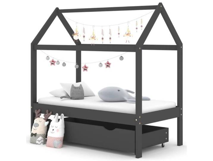 Lit bébé style cabane - Superbe - HOME - Gris foncé - Pin massif - 70x140 cm