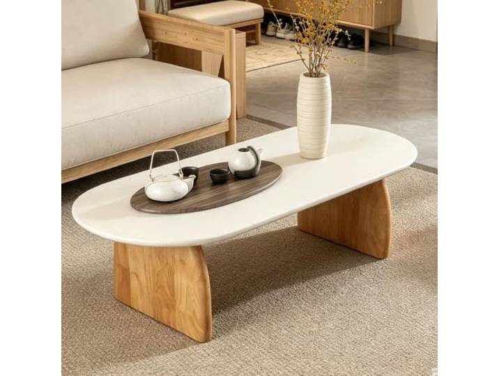 Massivholz Couchtisch, Gummiholz‑Couchtisch mit stabilem Gestell Geeignet für kleine Wohnungen und moderne Einrichtung(White,47.2in-A)